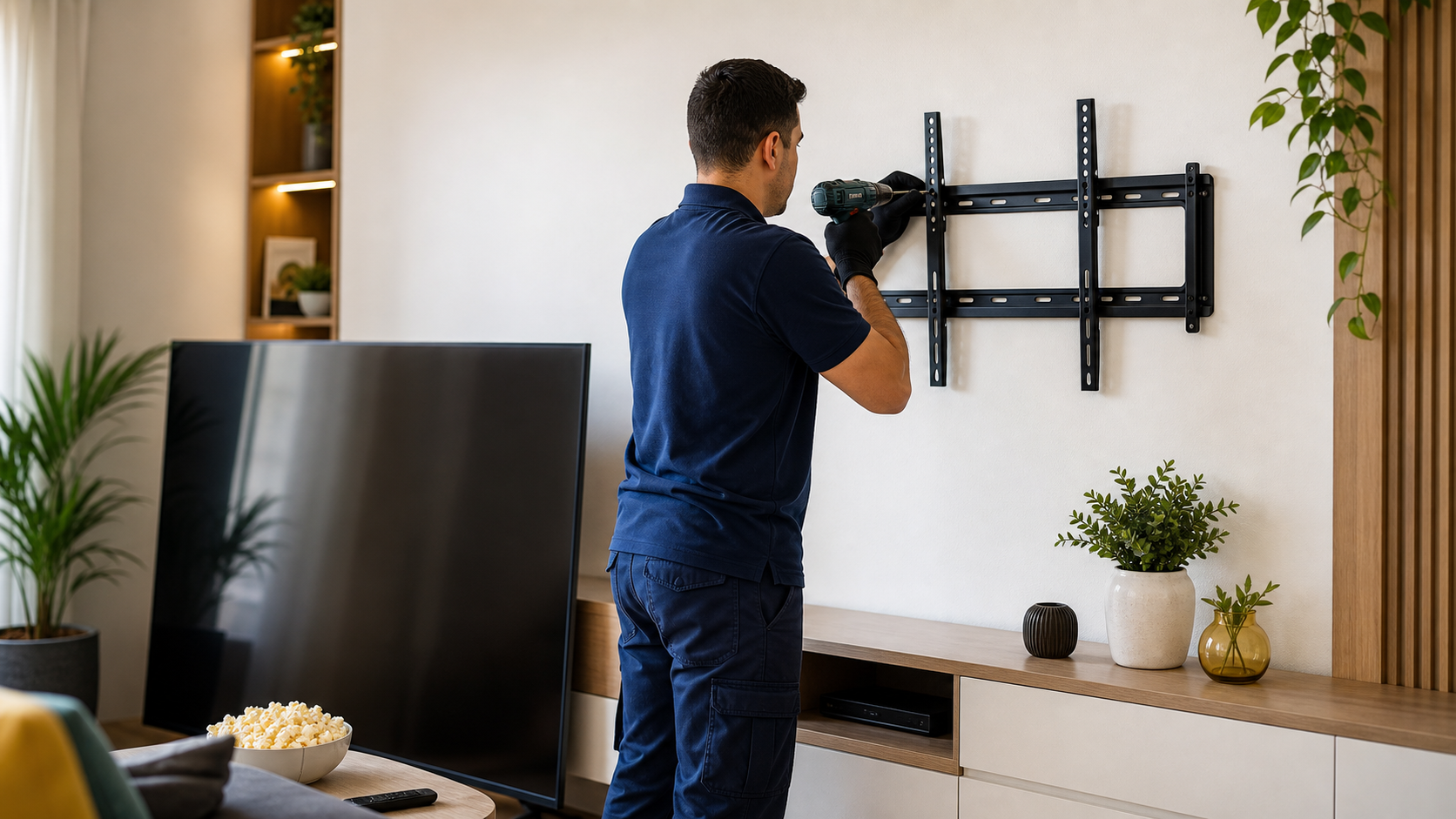 Técnico instalando suporte para TV