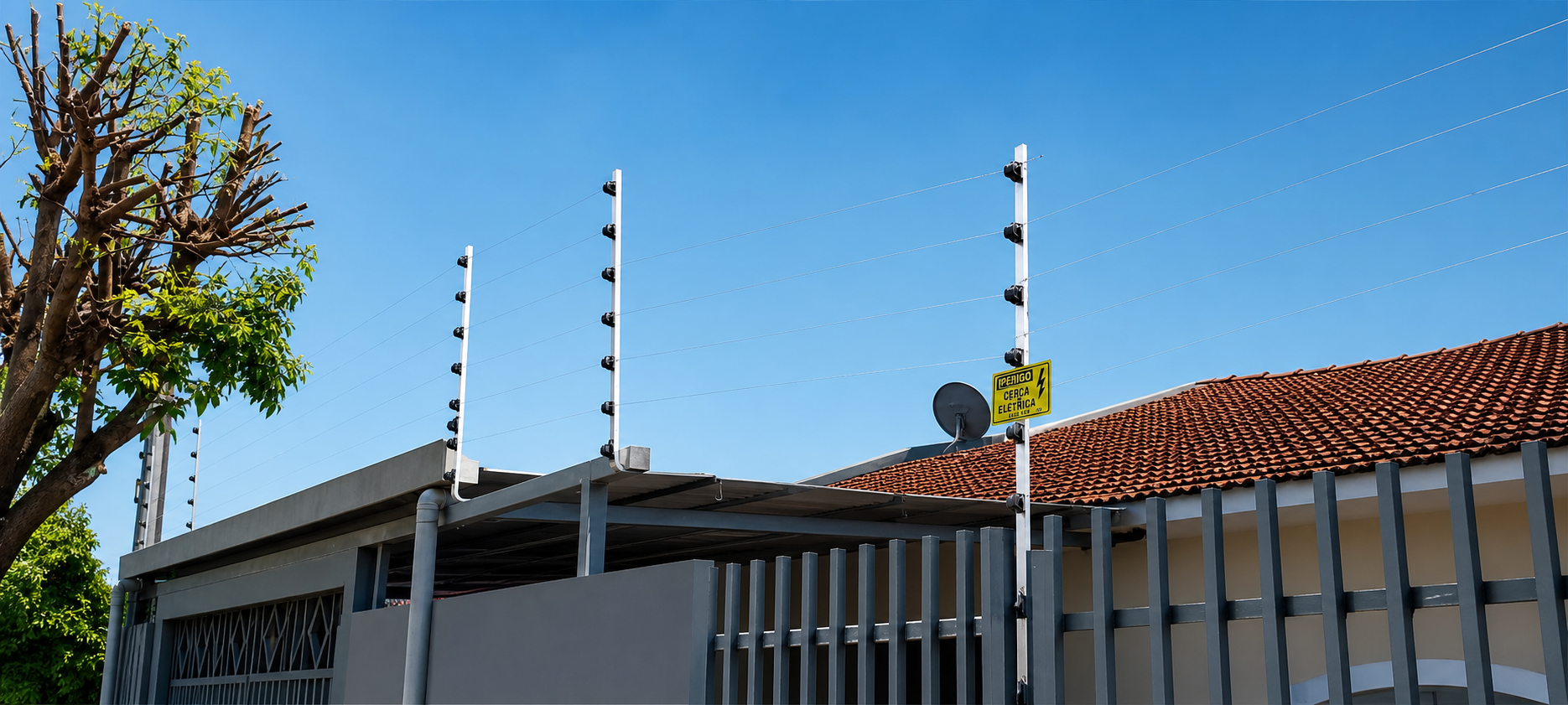 Casa protegida com cerca elétrica