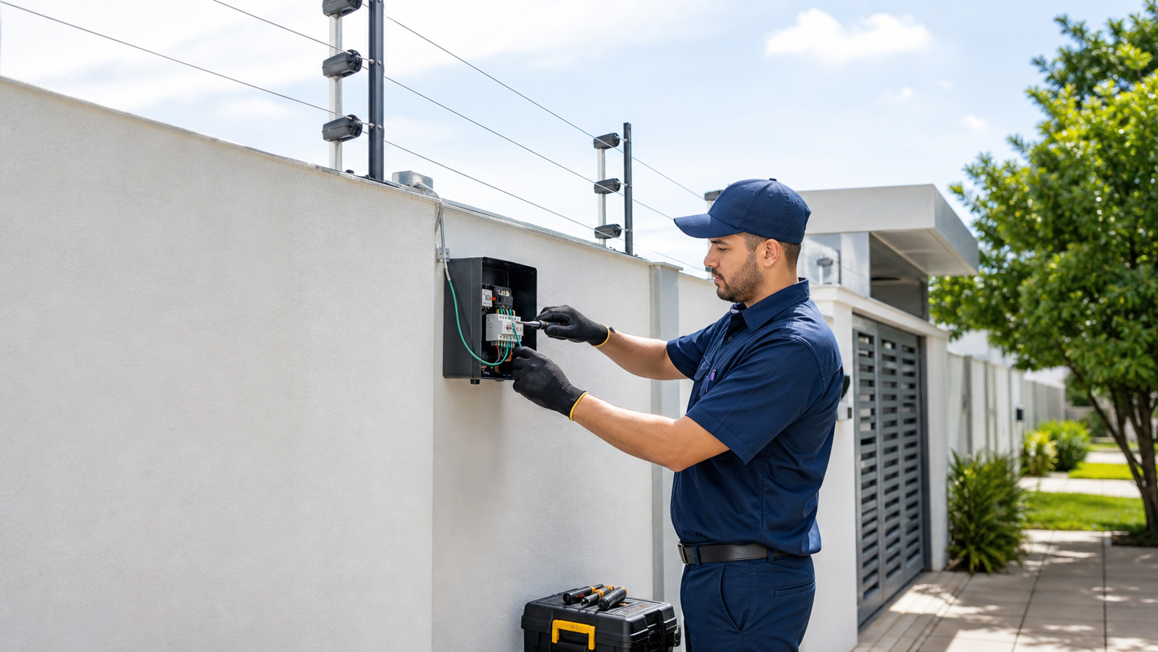 Técnico realizando manutenção em cerca elétrica