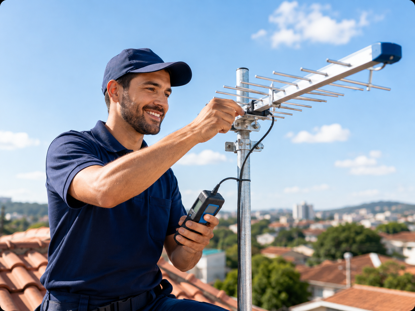 Técnico instalando e ajustando antena
